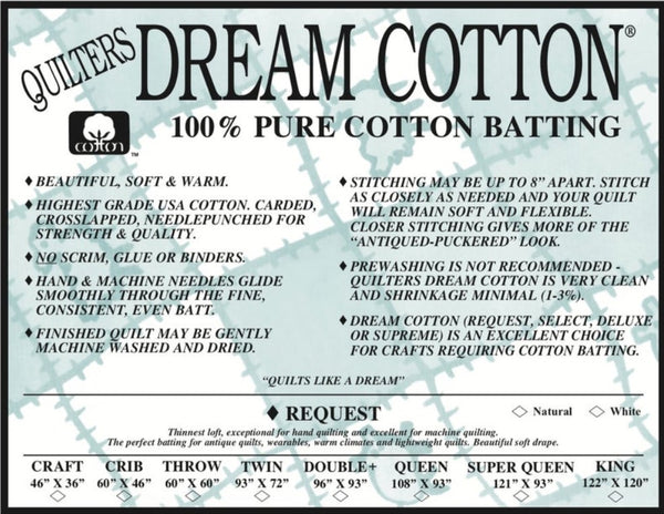 Quilters Dream Cotton 100% Pure Cotton Batting - Select Loft - Natural
